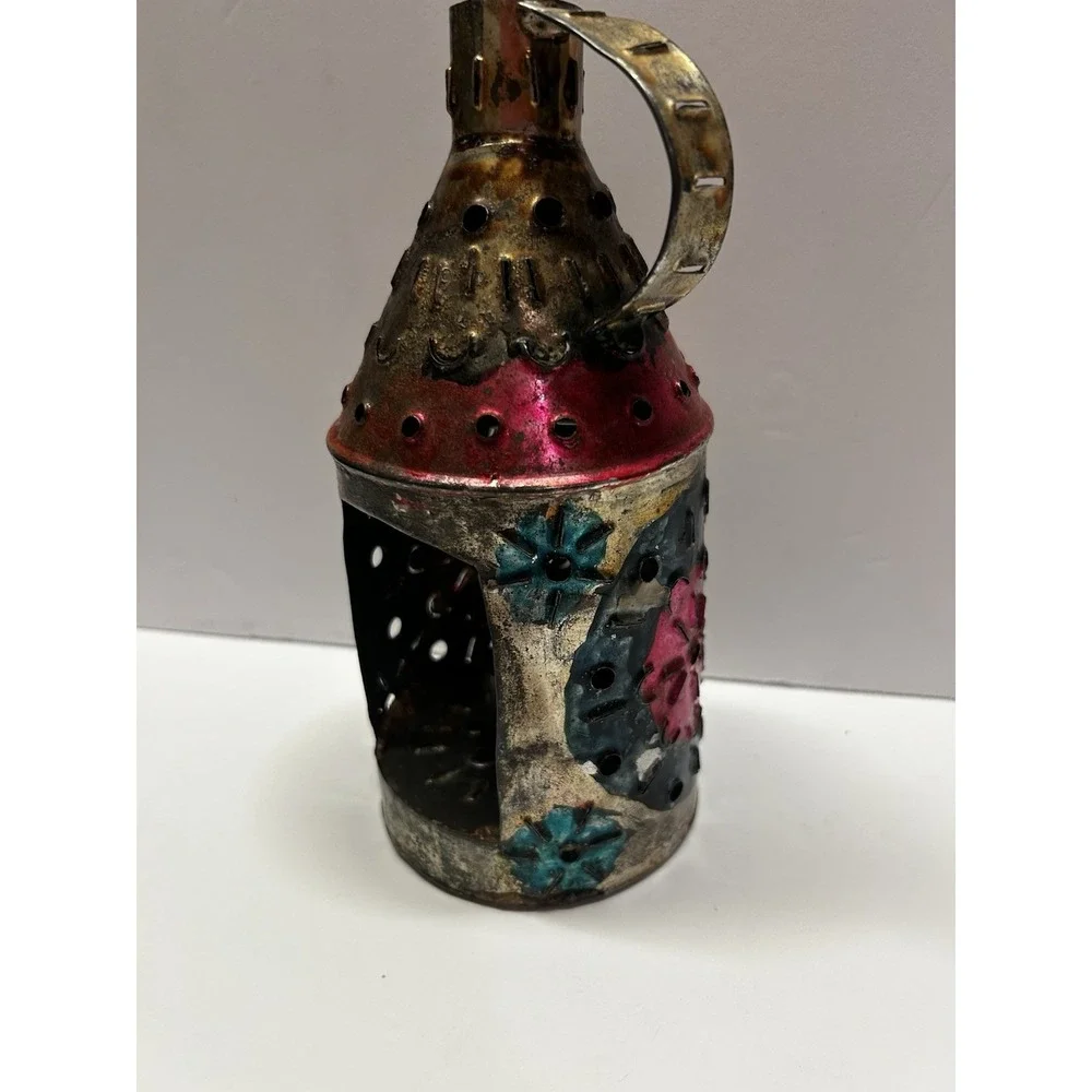 Vintage Handmade Mexican Punched Tin Lantern Luminary Folk Art Candle Holder
